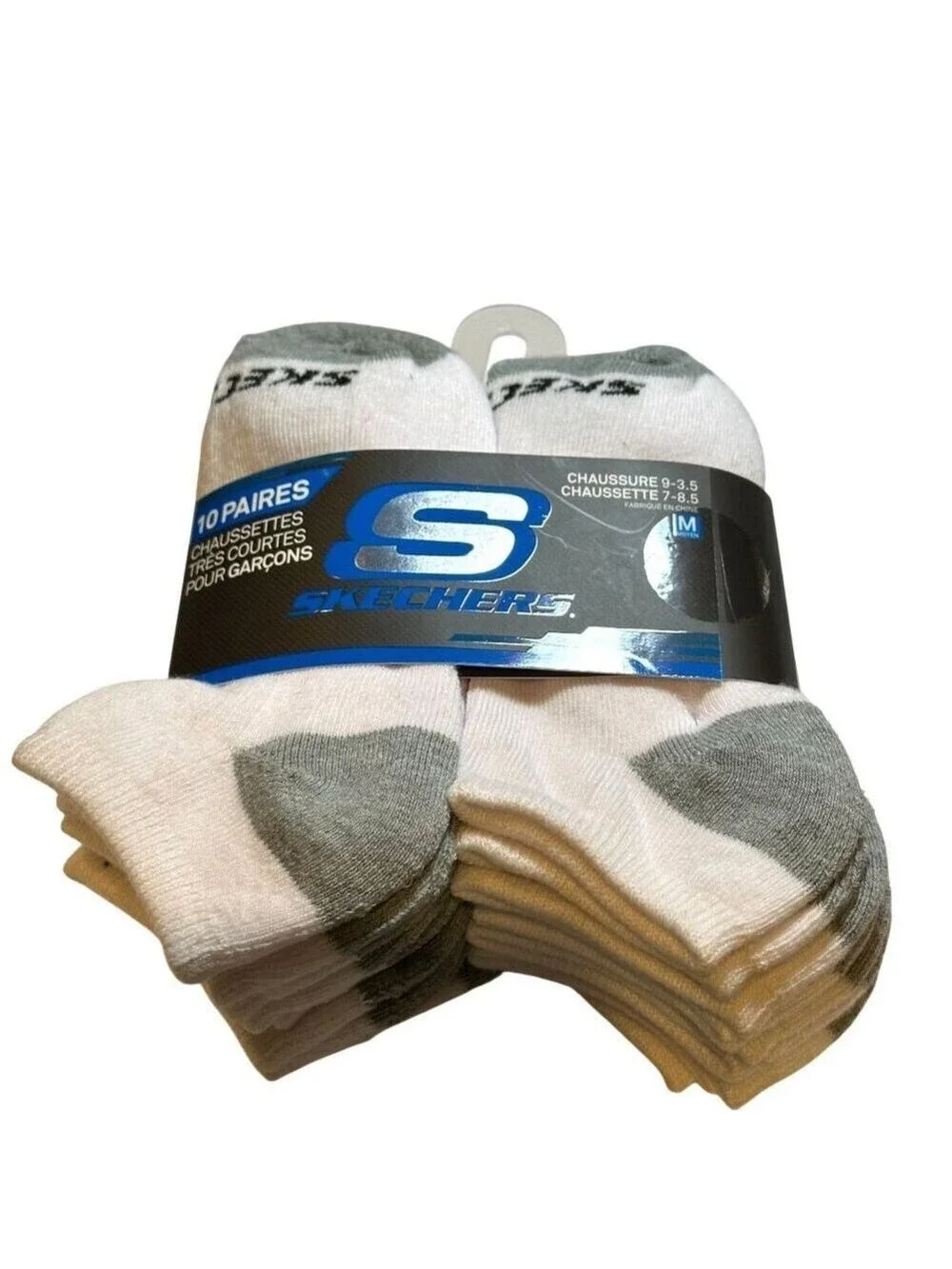 Skechers Boys No Show Socks White and Gray Cushioned Sole 10 Pair Size M New